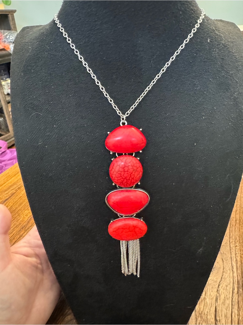 Paparazzi Red Stone Silver Tone Tassel Statement Necklace & Earrings Set